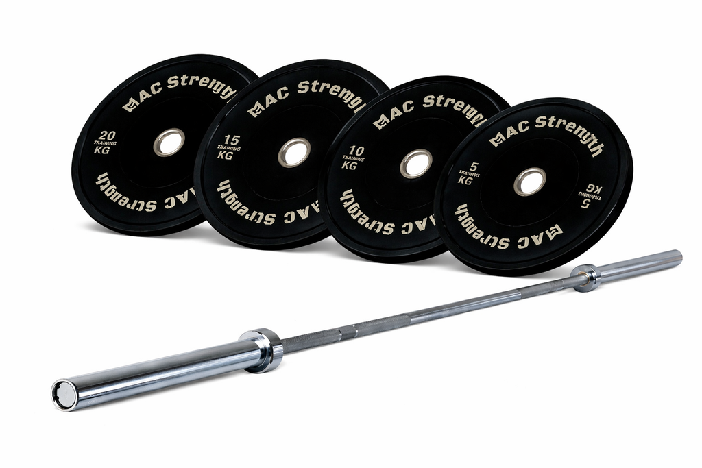 120kg Bundle Package - 100kg branded bumper pack + Olympic barbell + spring clips - Sale now on!